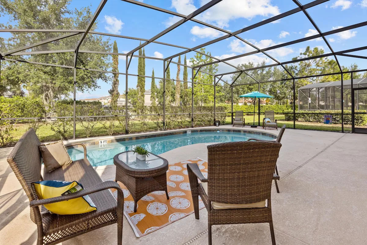 Pool deck loungers at the villa